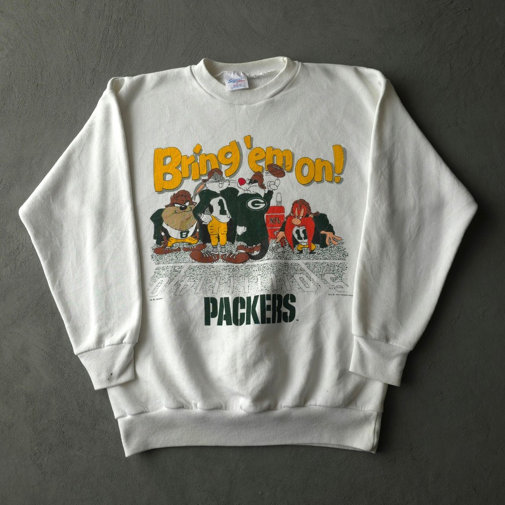 Vintage 1990s Green Bay Packers Looney Tunes Sweatshirt Medium White Santee